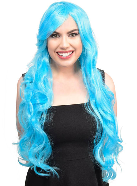 Womens Long Curly Light Blue Costume Wig Front Image