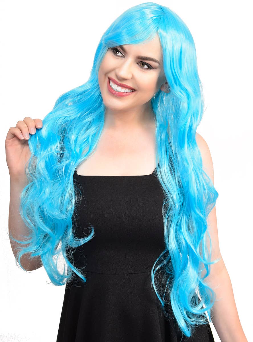 Womens Long Curly Light Blue Costume Wig Alternate Front Image 1