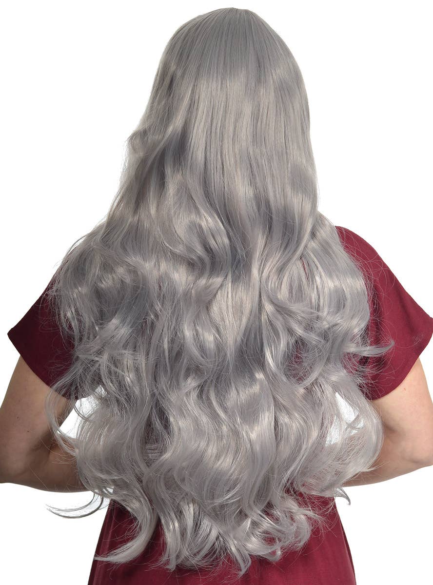 Extra Long Curly Silver Grey Women's Costume Wig - Back Image