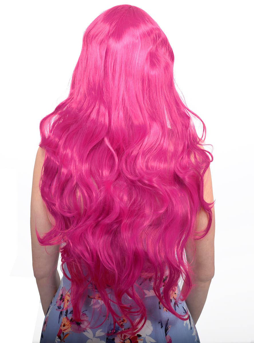 Womens Long Curly Raspberry Pink Costume Wig Back Image