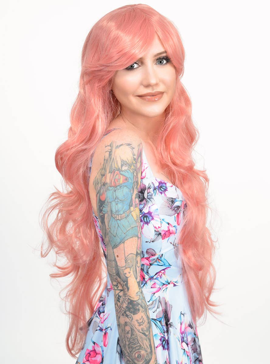 Womens Long Curly Dusty Pink Costume Wig Side Image