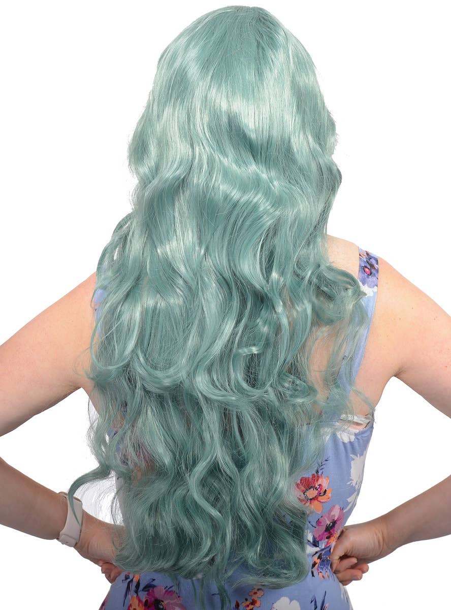 Womens Long Curly Dusty Green Costume Wig Back Image