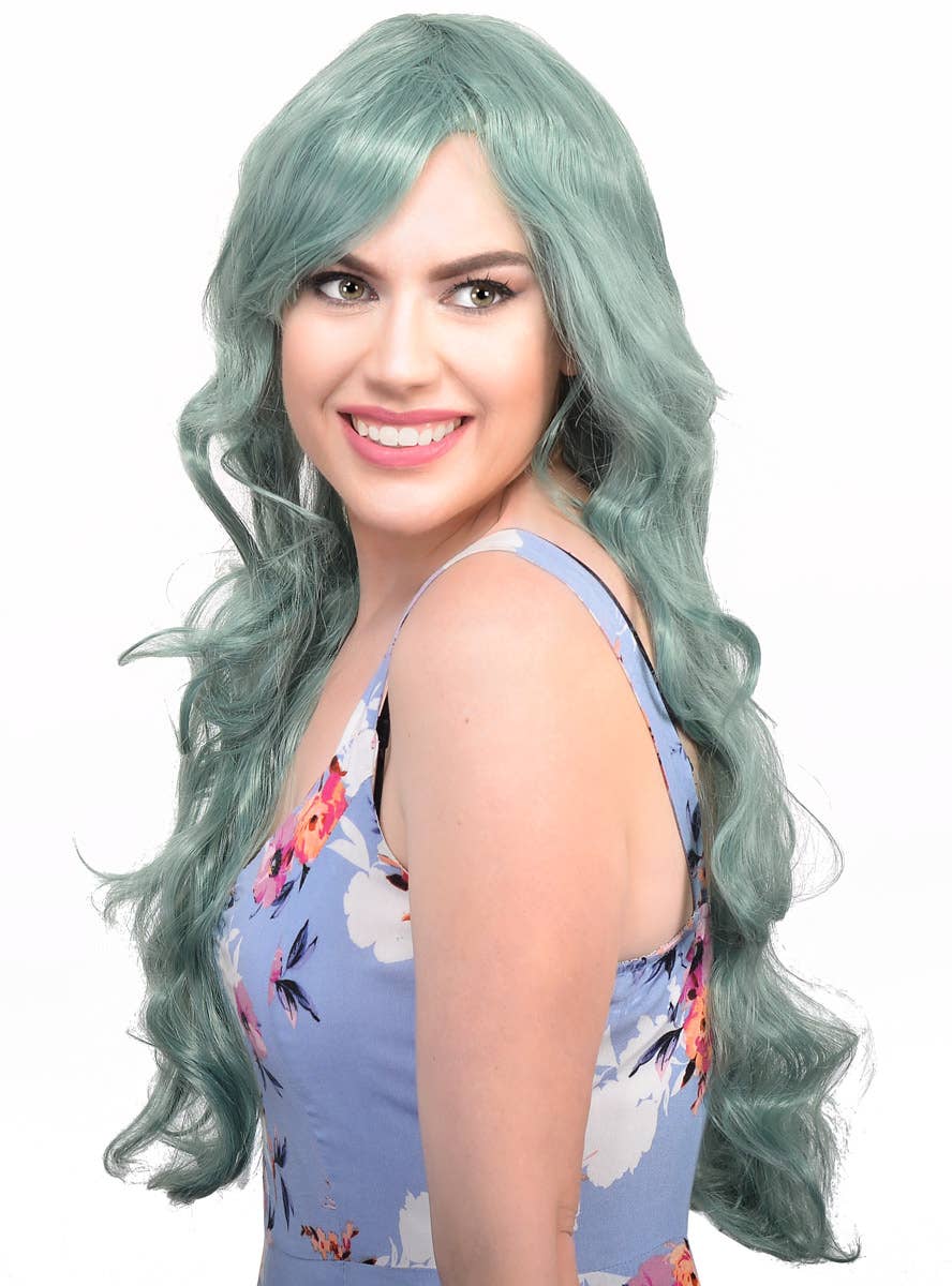 Womens Long Curly Dusty Green Costume Wig Side Image