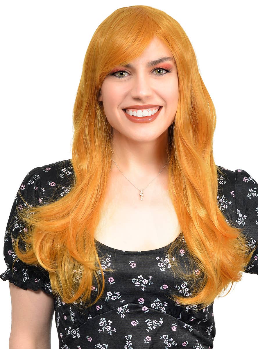 Long Wavy Ginger Women's Costume Wig with Side Fringe - Front Image