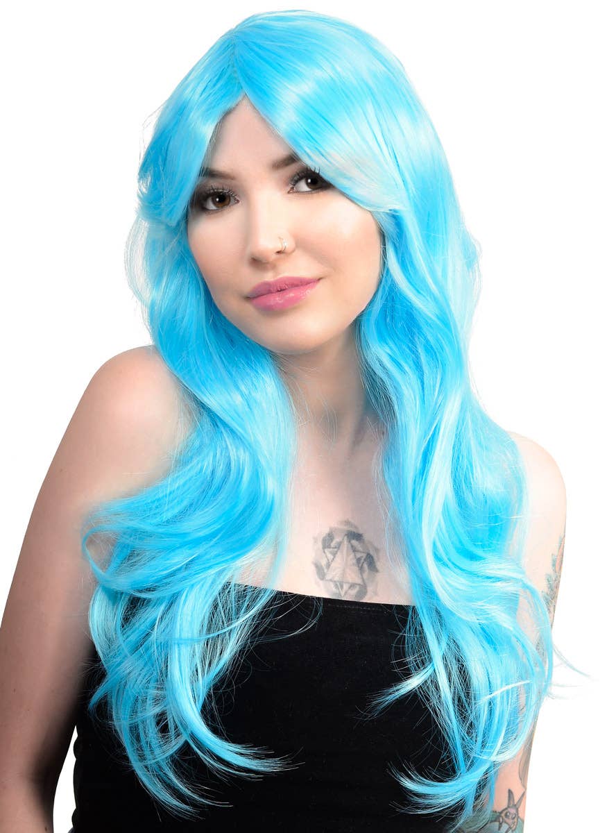 Womens Light Blue Wavy Wig with Side Fringe Front Image