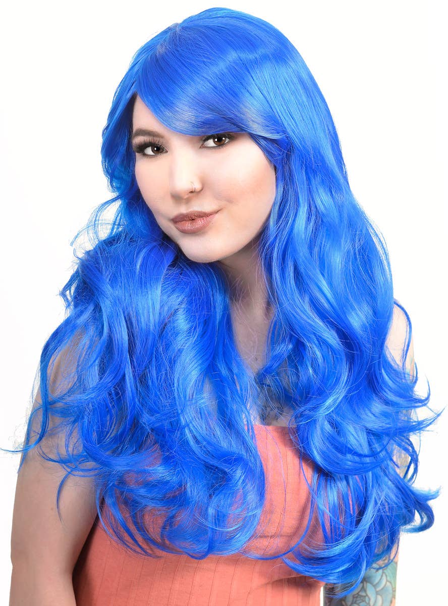 Womens Royal Blue Wavy Wig with Side Fringe Side Image