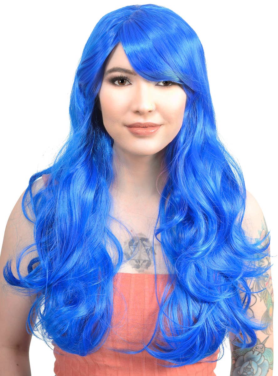 Womens Royal Blue Wavy Wig with Side Fringe Front Image