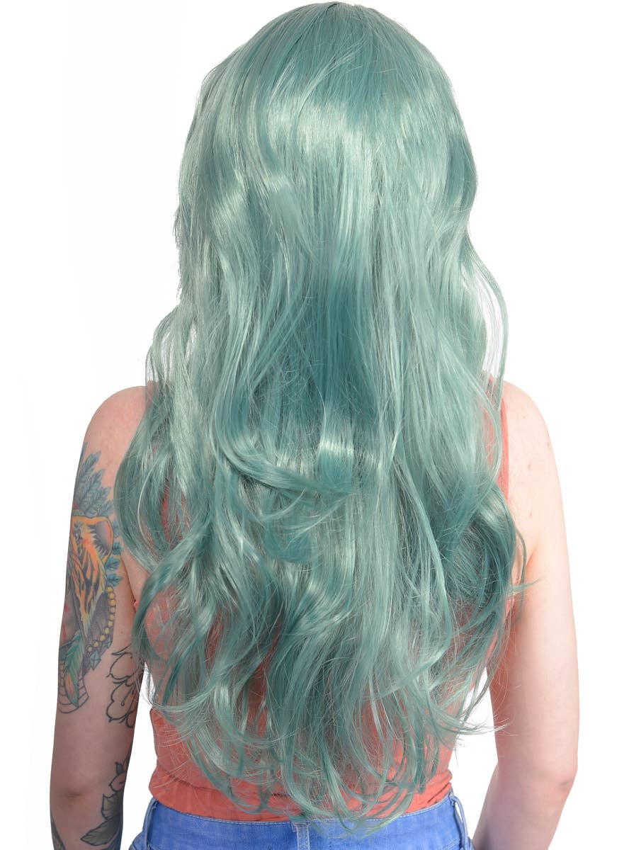 Womens Dusty Green Wavy Wig with Side Fringe Back Image