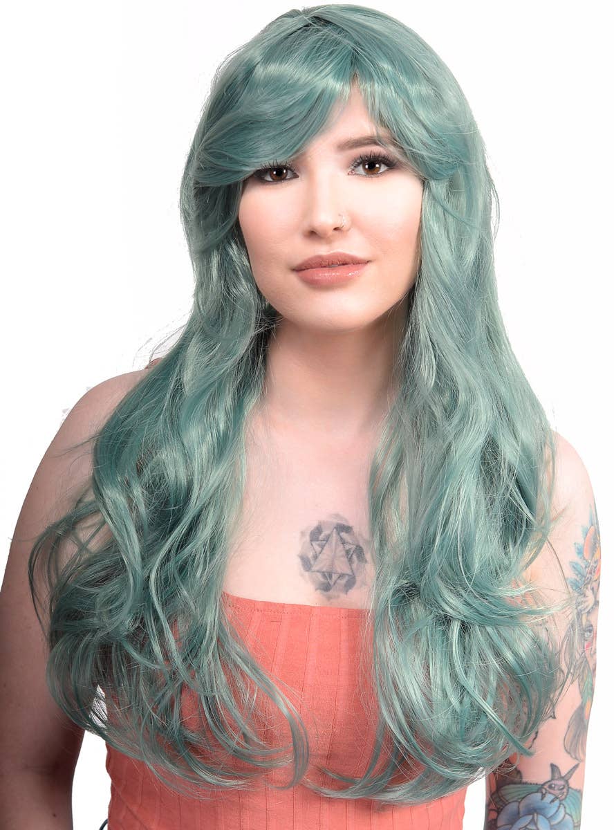 Womens Dusty Green Wavy Wig with Side Fringe Front Image