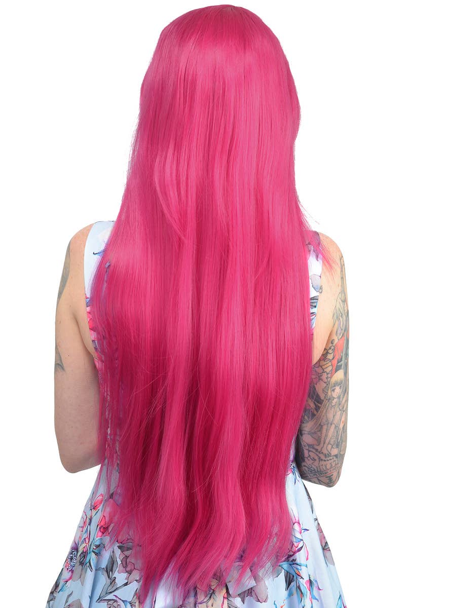 Womens Long Straight Raspberry Pink Costume Wig Back View