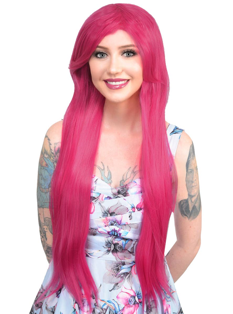 Womens Long Straight Raspberry Pink Costume Wig Front View