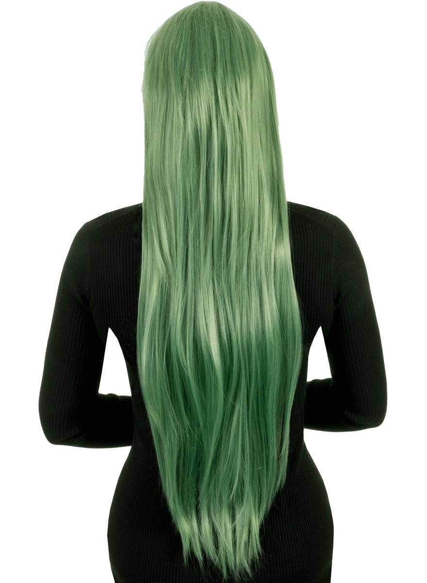 Extra Long Straight Moss Green Women's Costume Wig with Side Fringe - Back Image