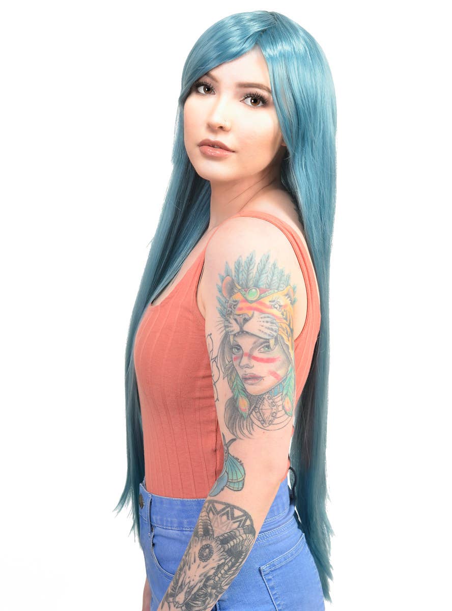 Women's Pastel Blue Long Straight Wig Side Image