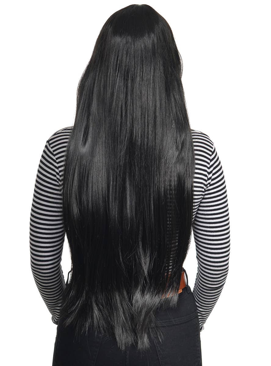 Extra Long Straight Black Women's Costume Wig with Side Fringe - Back View