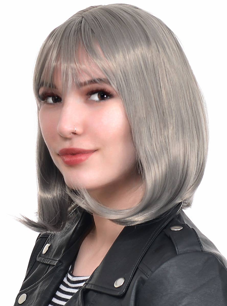 Women's Concave Silver Grey Straight Bob Fashion Wig with Skin Top Parting - Alternate Image