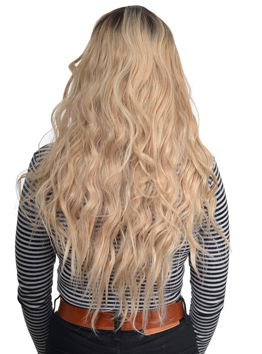 Women's Deluxe Beachy Waves Blonde Fashion Wig with Dark Roots and Lace Part - Back Image