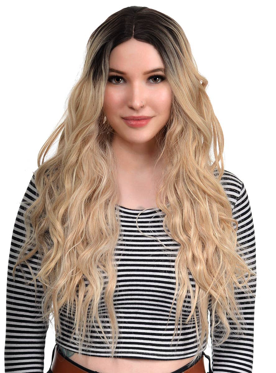 Women's Deluxe Beachy Waves Blonde Fashion Wig with Dark Roots and Lace Part - Main Image