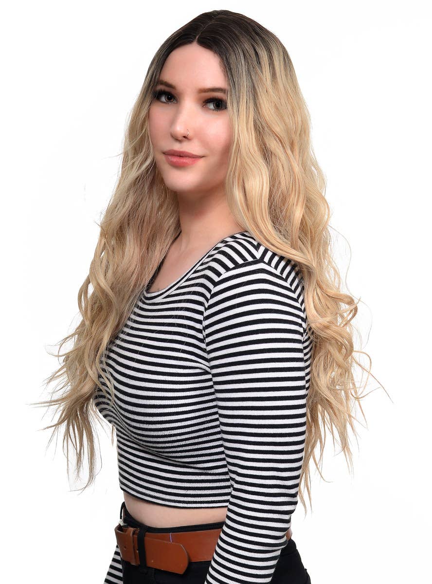 Women's Deluxe Beachy Waves Blonde Fashion Wig with Dark Roots and Lace Part - Side Image