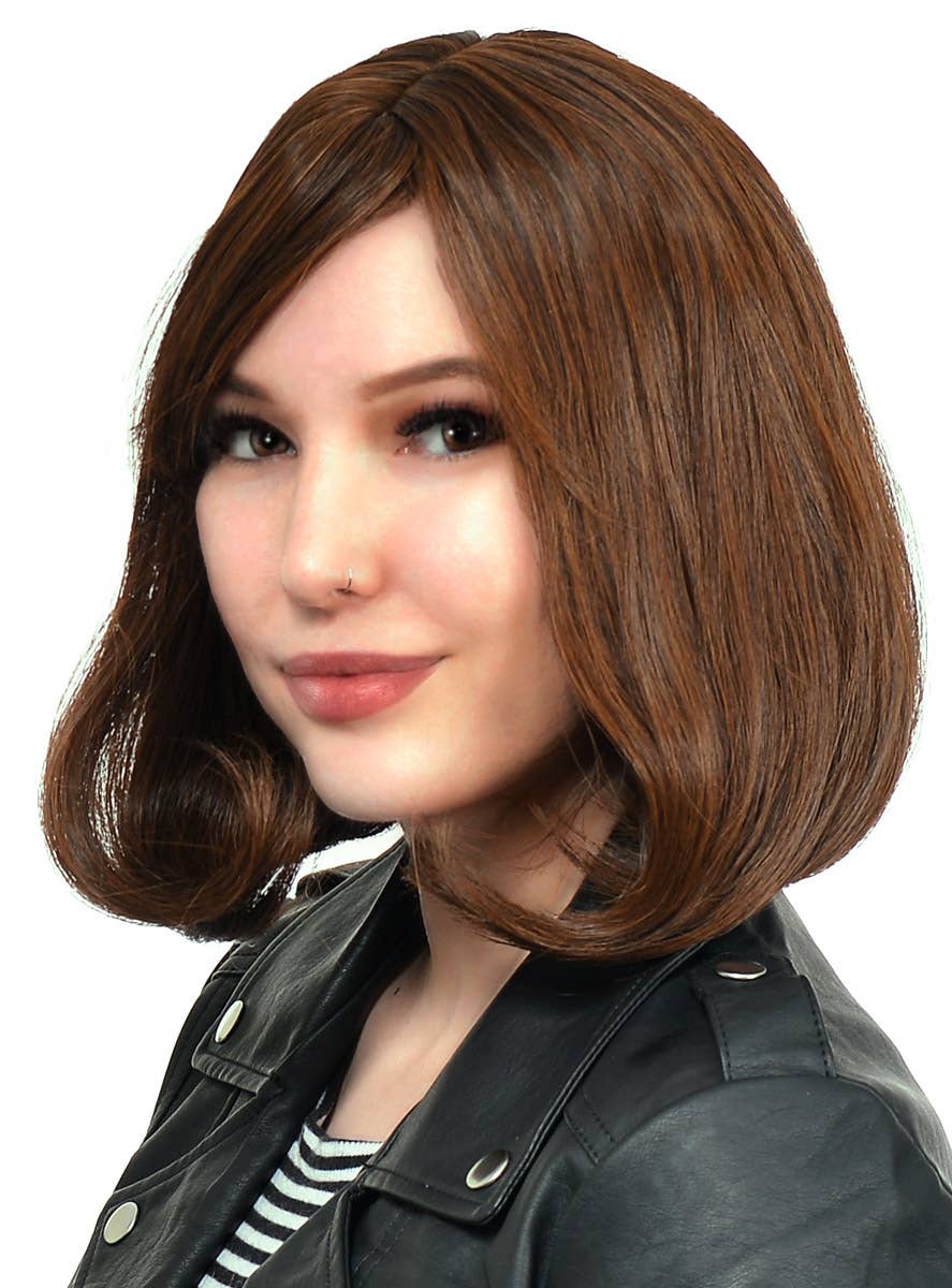 Women's Concave Caramel Brown Straight Bob Fashion Wig with Skin Top Parting - Alternate Front Image