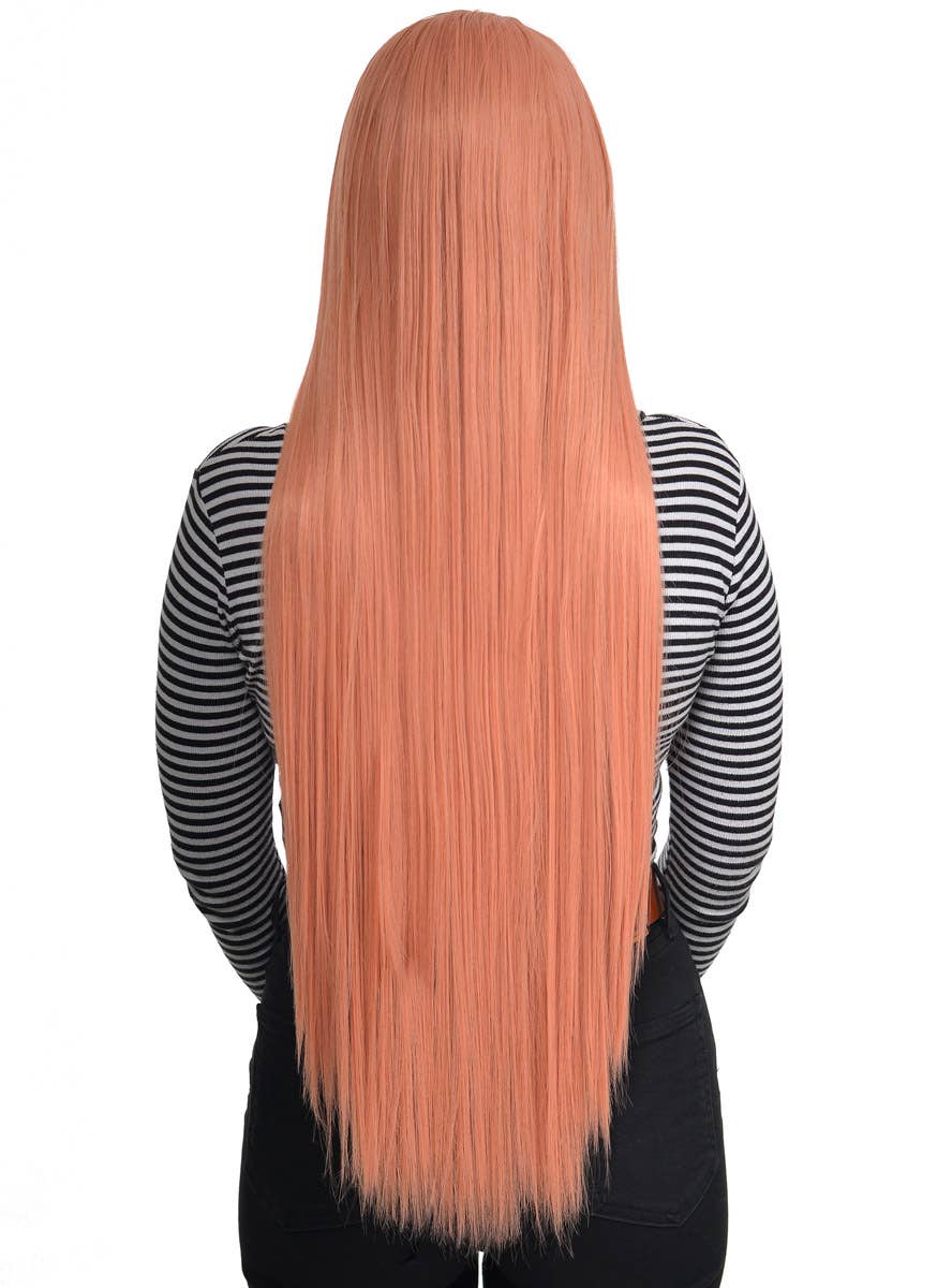 Women's Extra Long Peach Pink Straight Fashion Wig with Lace Part - Back Image