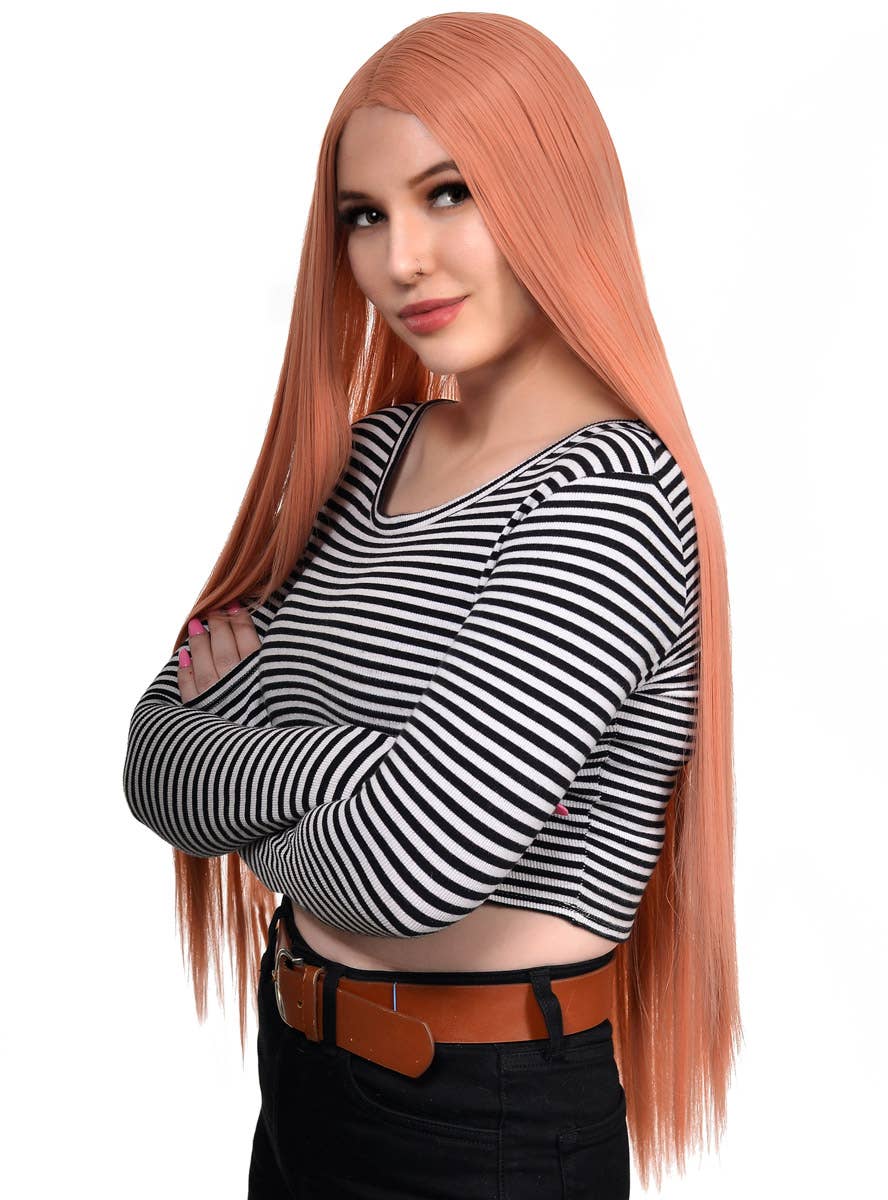 Women's Extra Long Peach Pink Straight Fashion Wig with Lace Part - Side Image