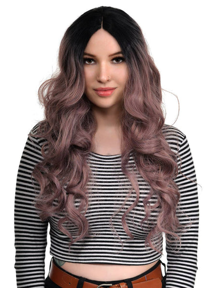 Women's Deluxe Dark Rose Pink Curly Ombre Fashion Wig with Lace Part - Main Image