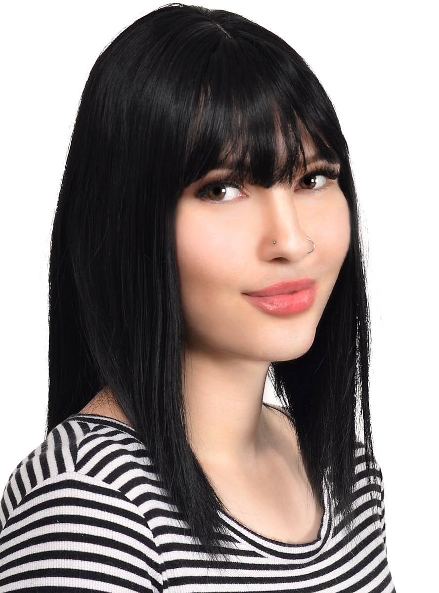 Women's Concave Black Straight Bob Fashion Wig with Skin Top Parting - Side Image