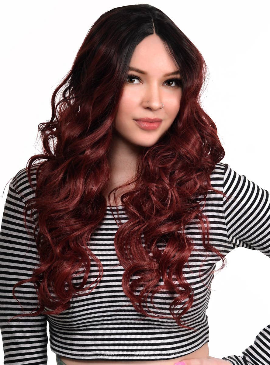 Women's Deluxe Deep Burgundy Red Curly Ombre Fashion Wig with Lace Part - Alternate Side Image