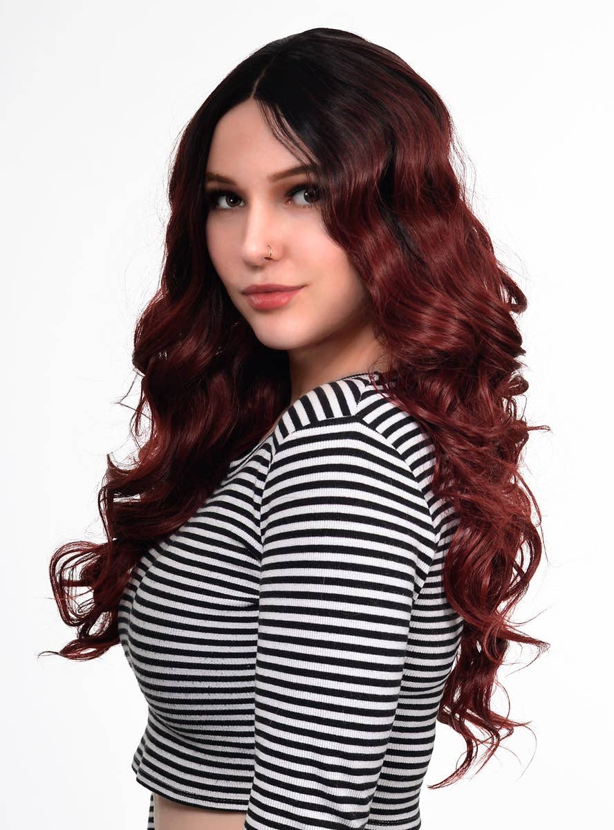 Women's Deluxe Deep Burgundy Red Curly Ombre Fashion Wig with Lace Part - Side Image