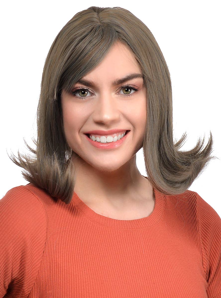 Ash Brown Womens Concave Synthetic Bob Wig with Realistic Skin Cap Part - Alternate Image 1