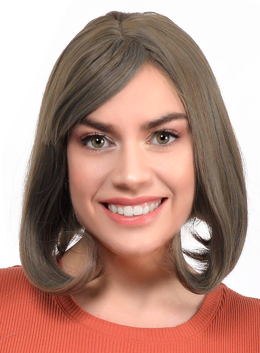 Ash Brown Womens Concave Synthetic Bob Wig with Realistic Skin Cap Part - Alternate Image 2