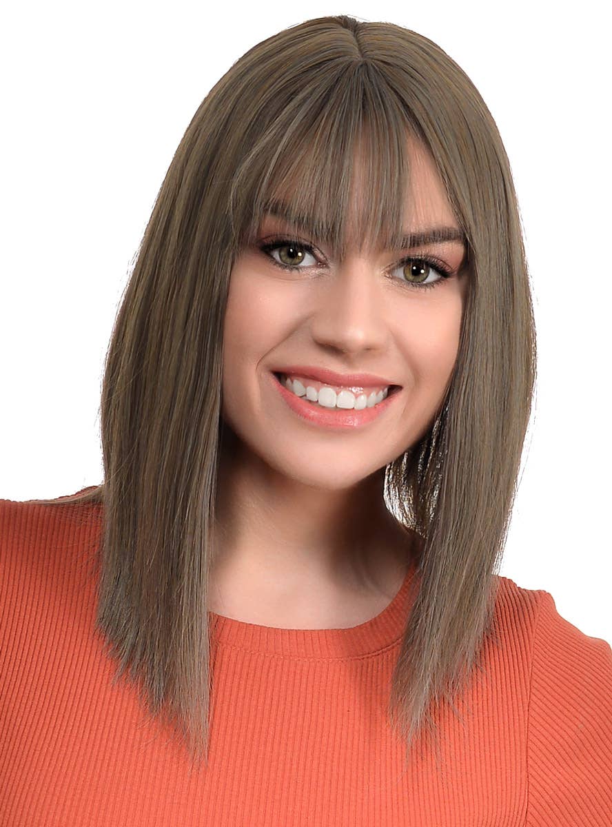 Ash Brown Womens Concave Synthetic Bob Wig with Realistic Skin Cap Part - Front Image