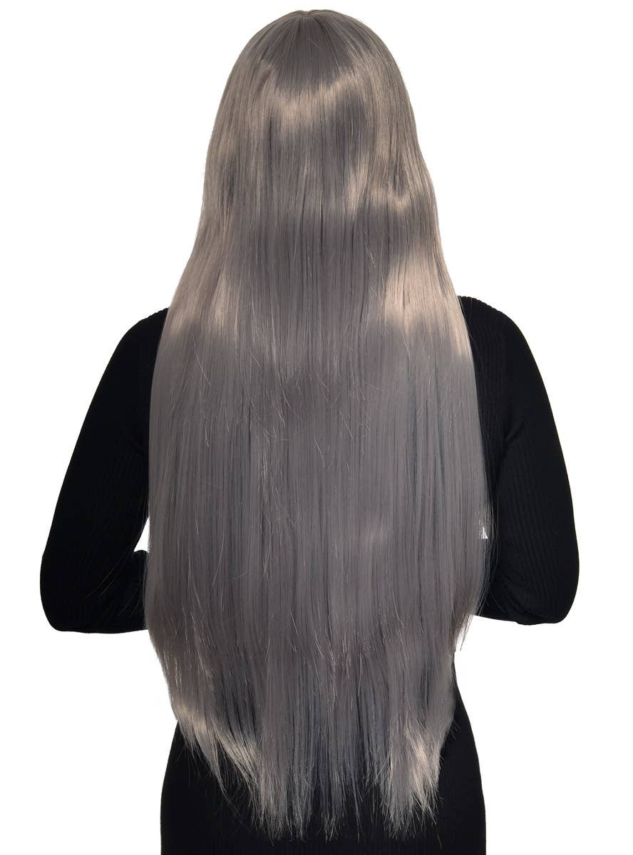 Straight Extra Long Womens Shimmering Silver Costume Wig - Back Image