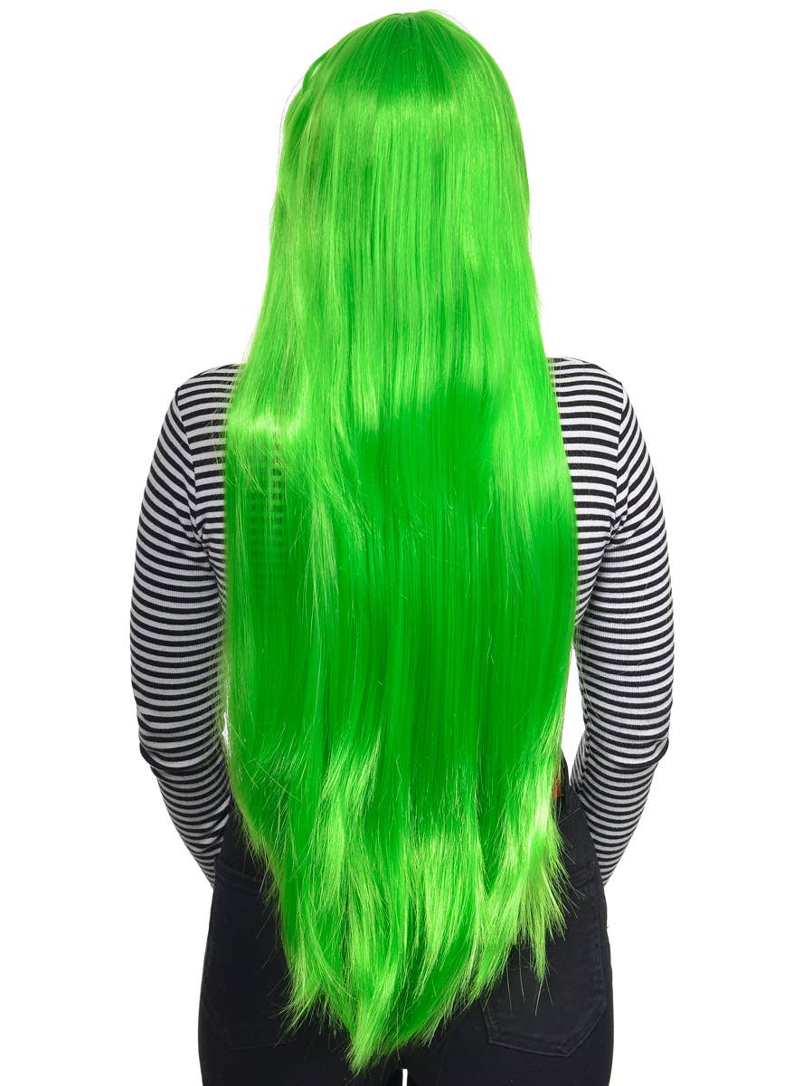 Straight Extra Long Womens Neon Lime Green Costume Wig - Back Image