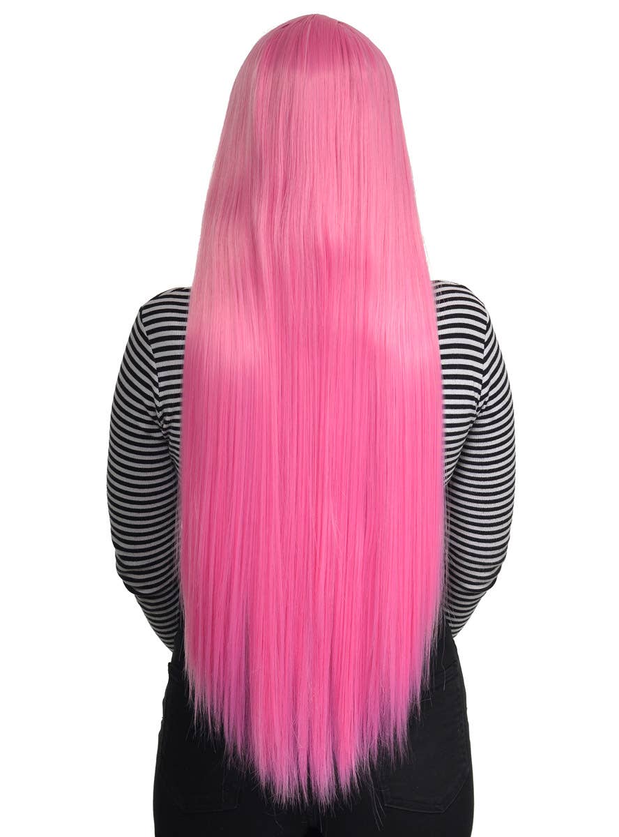 Women's Straight Extra Long Candy Pink Synthetic Fashion Wig with Lace Parting - Back Image