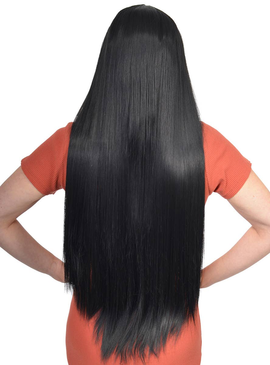 Women's Straight Extra Long Midnight Black Synthetic Fashion Wig with Lace Parting - Back Image