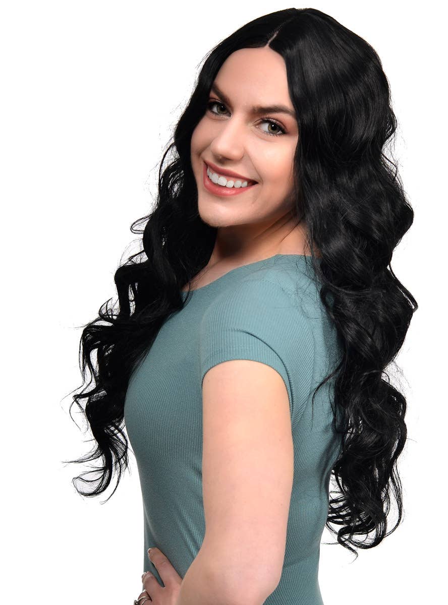 Women's Soft Midnight Black Curly Synthetic Fashion Wig with Lace Parting - Side Image