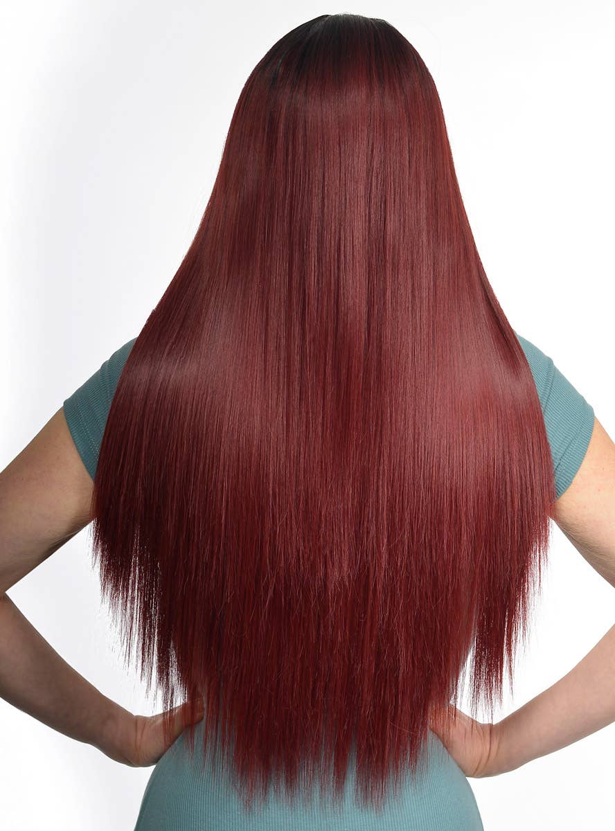 Women's Long Straight Burgundy Red Synthetic Fashion Wig with Dark Roots and Lace Parting - Back Image