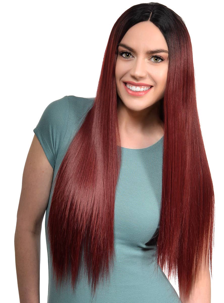 Women's Long Straight Burgundy Red Synthetic Fashion Wig with Dark Roots and Lace Parting - Alternate Front Image