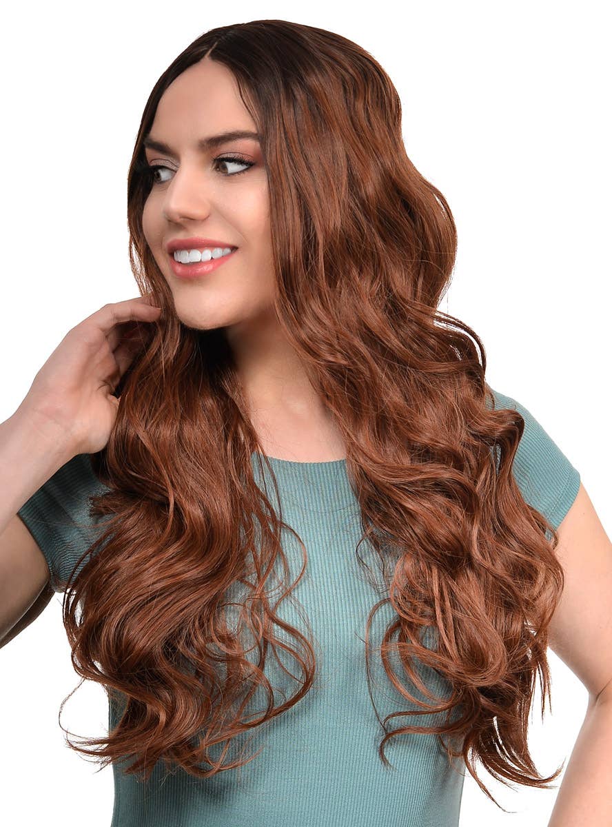 Women's Soft Chestnut Brown Curly Synthetic Fashion Wig with Dark Roots and Lace Parting - Side Image