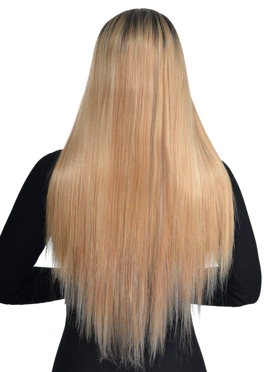 Women's Long Straight Blonde Mix Synthetic Fashion Wig with Dark Roots and Lace Parting - Back Image