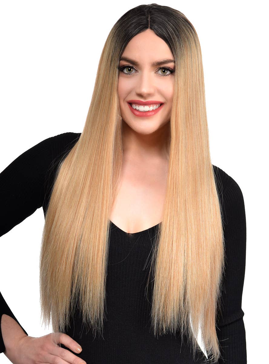 Women's Long Straight Blonde Mix Synthetic Fashion Wig with Dark Roots and Lace Parting - Alt Front Image