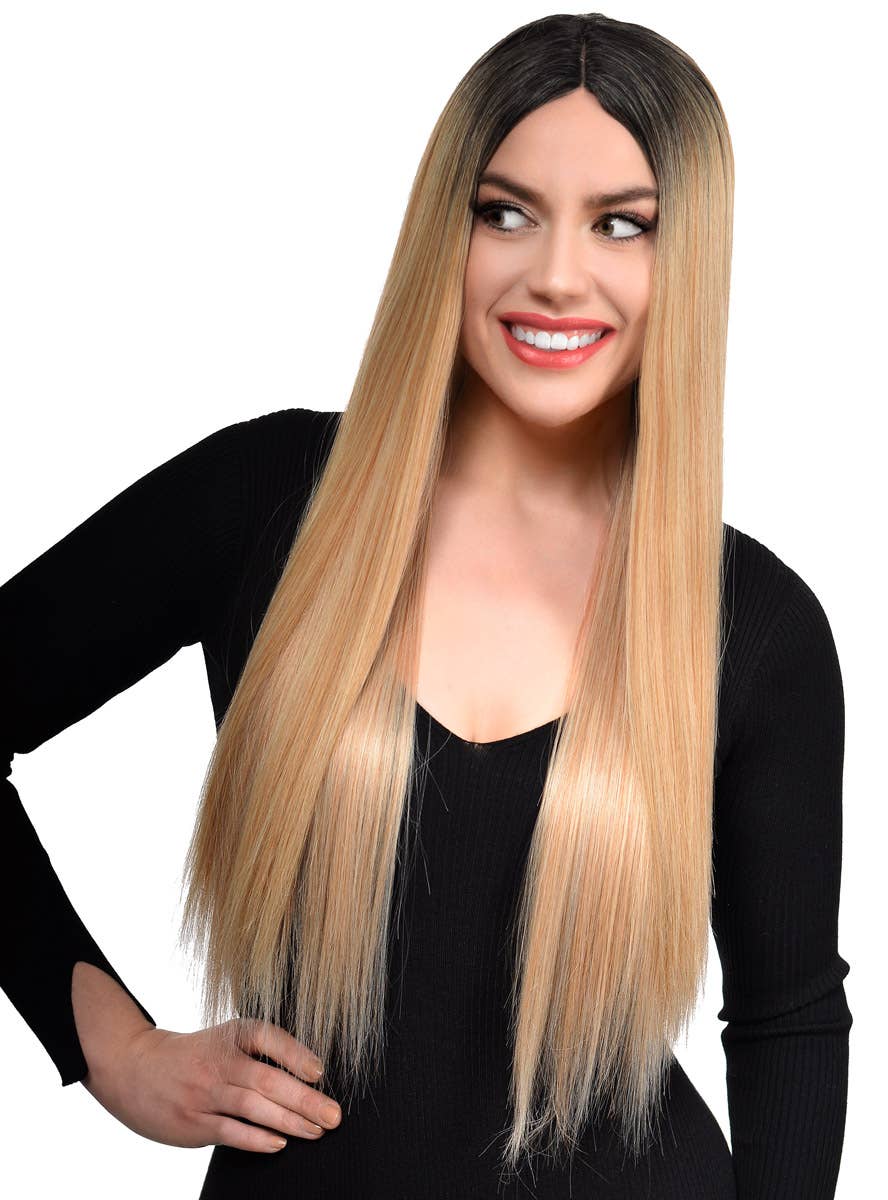 Women's Long Straight Blonde Mix Synthetic Fashion Wig with Dark Roots and Lace Parting - Front Image