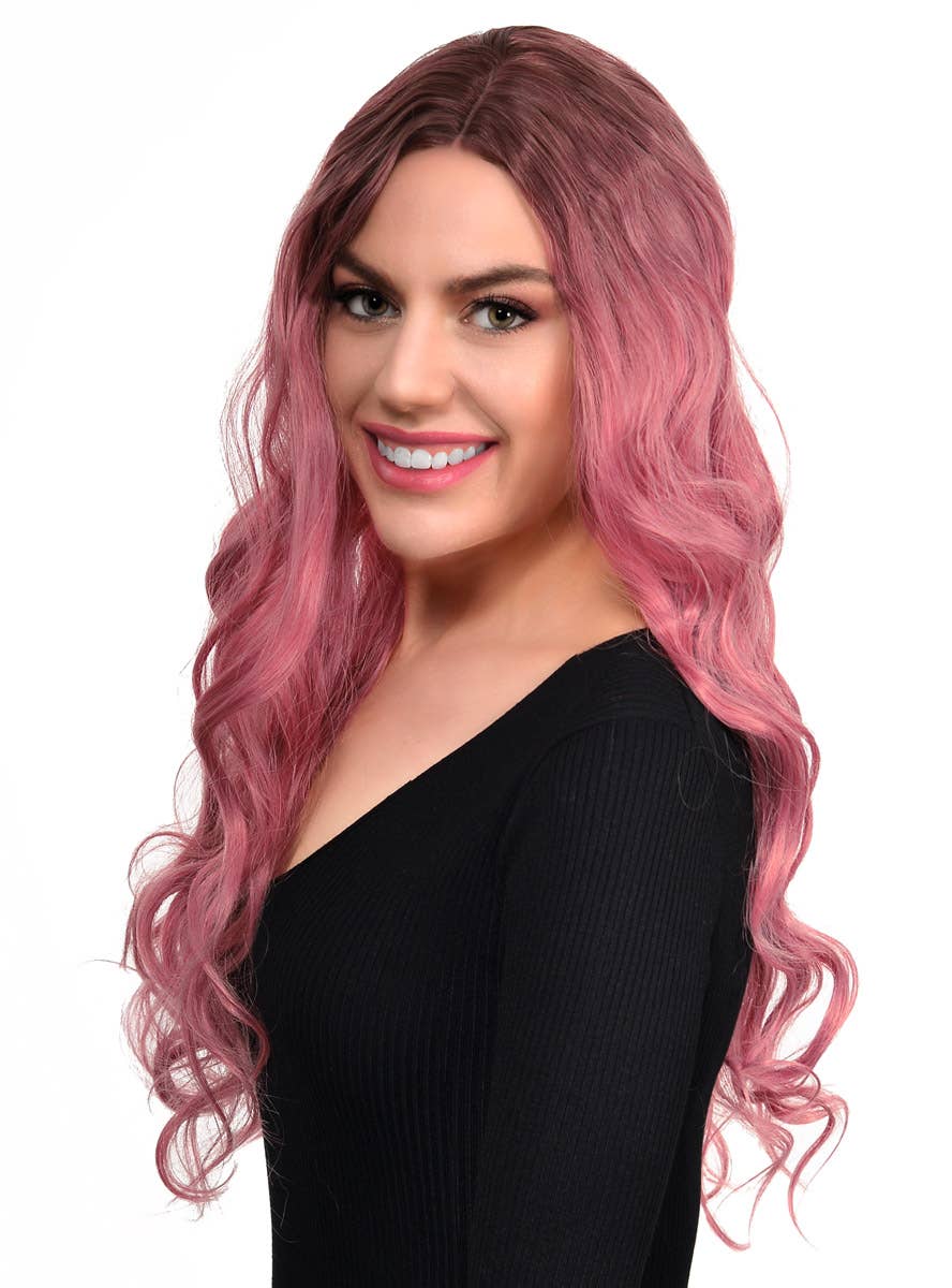 Women's Soft Chestnut Brown Curly Synthetic Fashion Wig with Dark Roots and Lace Parting - Side Image