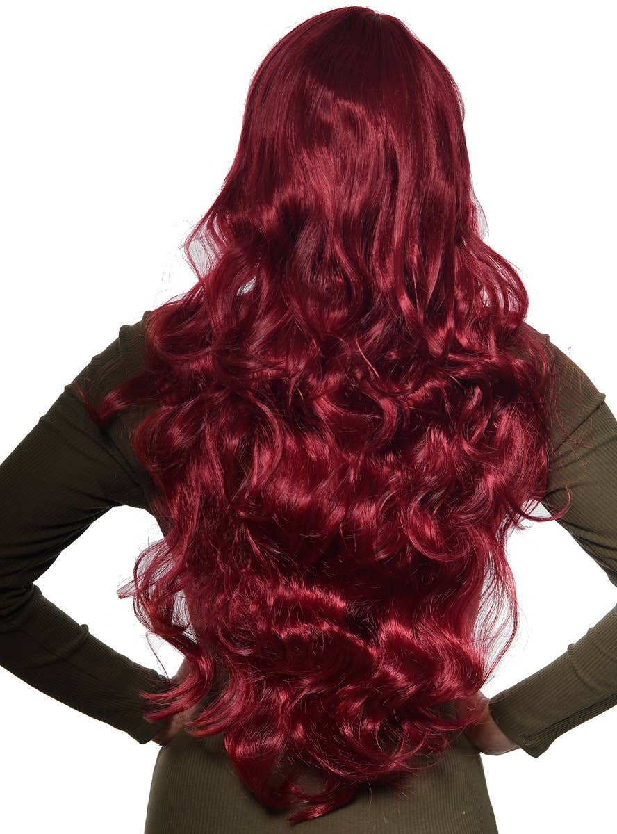 Extra Long Curly Deep Burgundy Women's Costume Wig with Side Fringe - Back Image