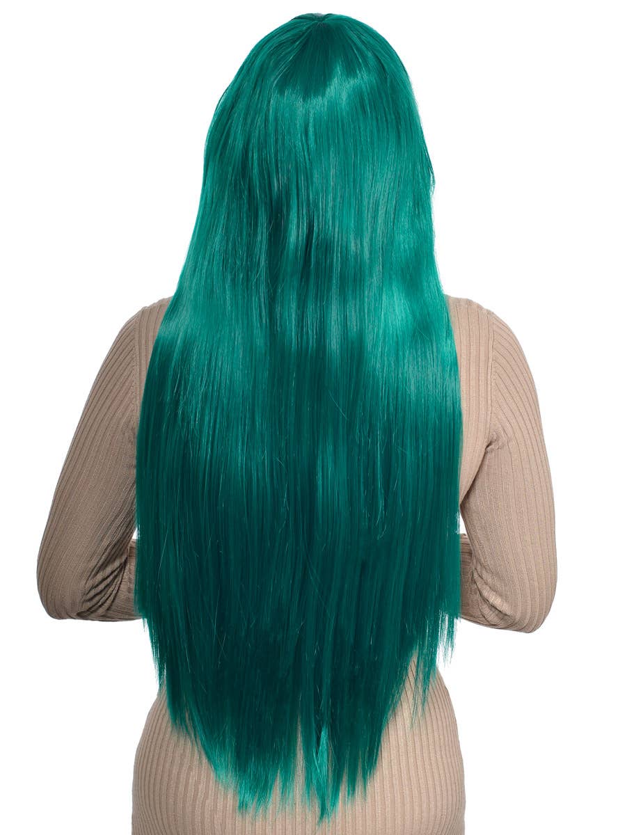 Extra Long Straight Teal Women's Costume Wig with Side Fringe - Back Image