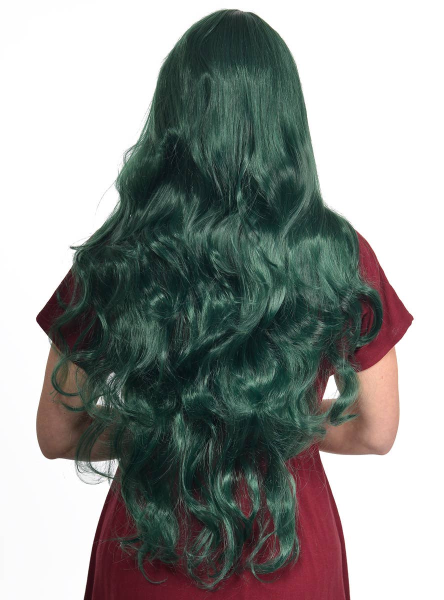 Extra Long Curly Forest Green Women's Costume Wig with Side Fringe - Back Image