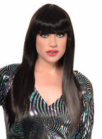 Womens Long Natural Black Costume Wig with Front Fringe - Front Image