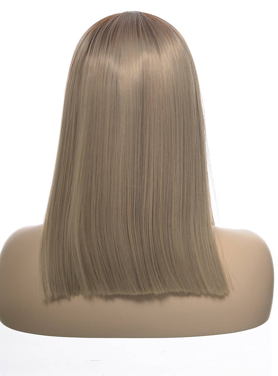 Womens Straight Mid Length Blunt Cut Blonde Synthetic Fashion Wig with Brown Roots and T-Part Lace Front - Dummy Back Image