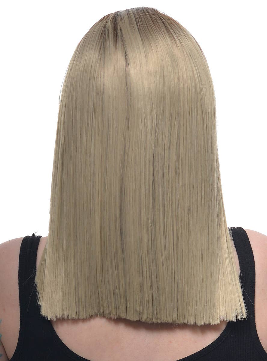 Womens Straight Mid Length Blunt Cut Blonde Synthetic Fashion Wig with Brown Roots and T-Part Lace Front - Back Image